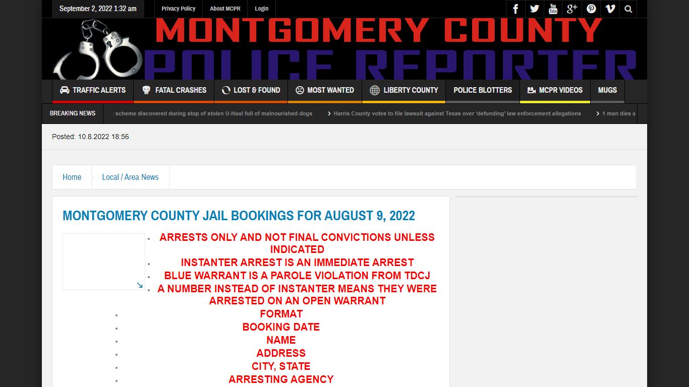 MONTGOMERY COUNTY JAIL BOOKINGS FOR AUGUST 9, 2022